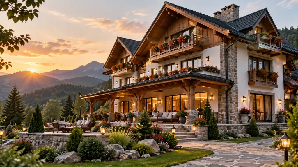 Vila Aphrodita la apus, cu Munții Bucegi în fundal
